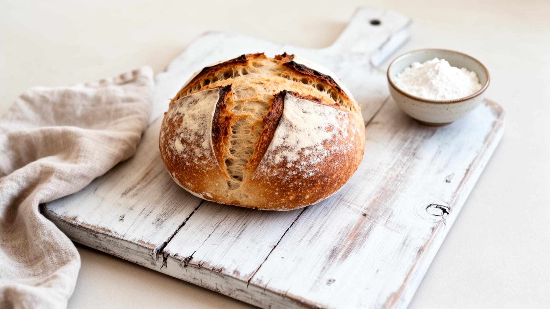 Freshly baked sourdough loaf on a white wooden board